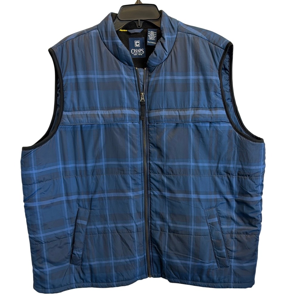 Chaps Plaid Puffer Vest Blue Black Full‎ Zip Sleeveless Jacket Men's XXL